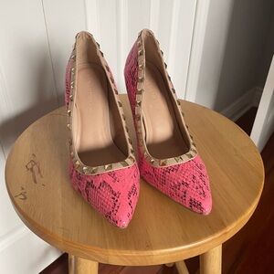 Pink Snakeskin Pumps with Studded Trim